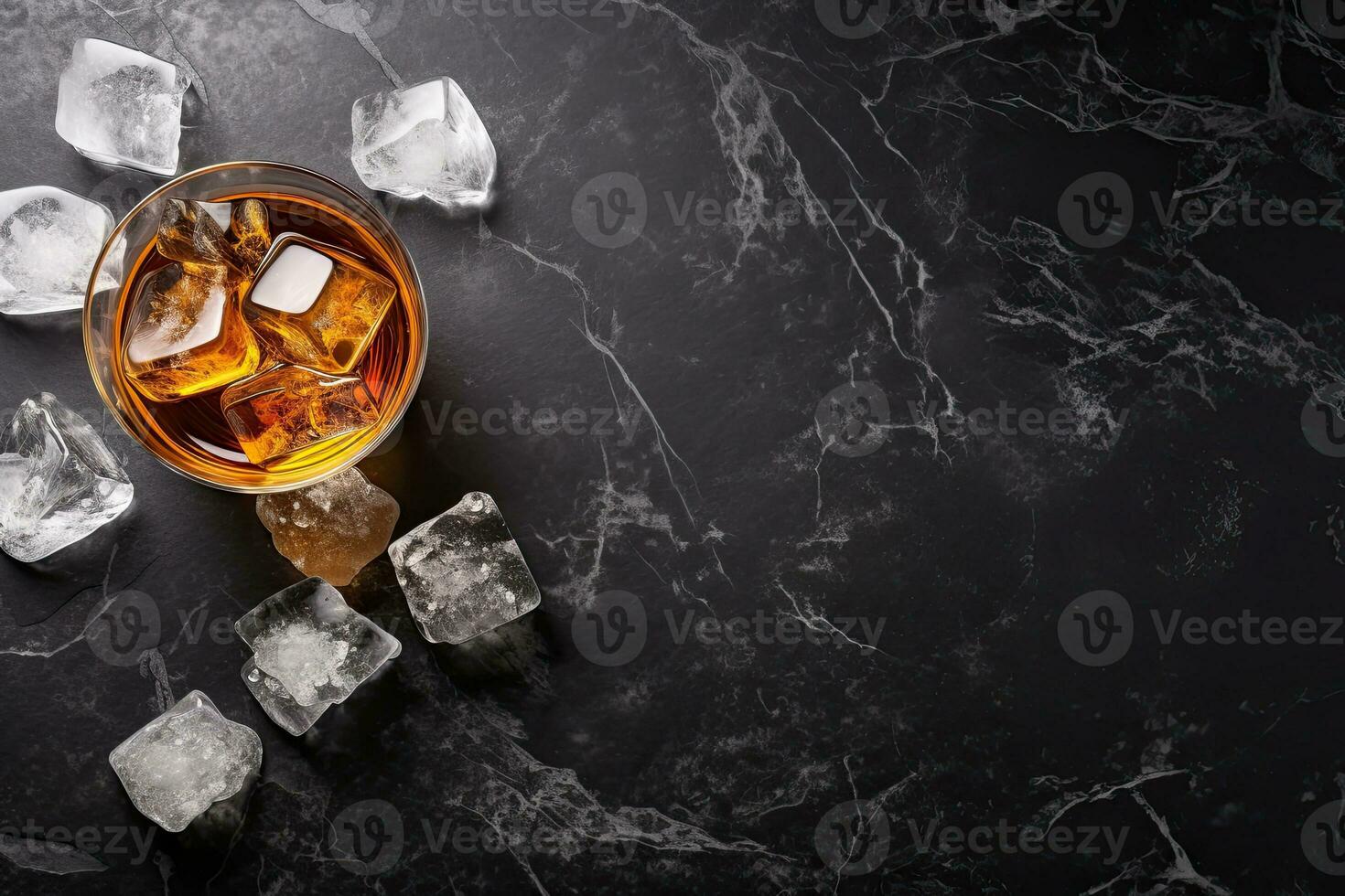Whiskey with ice cubes on black marble background, top view.  Generative AI photo