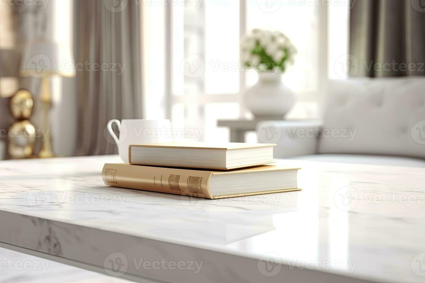 Close - up Modern white table top with free space to edit your product display with books above the living room blurred in the background. Generative AI photo