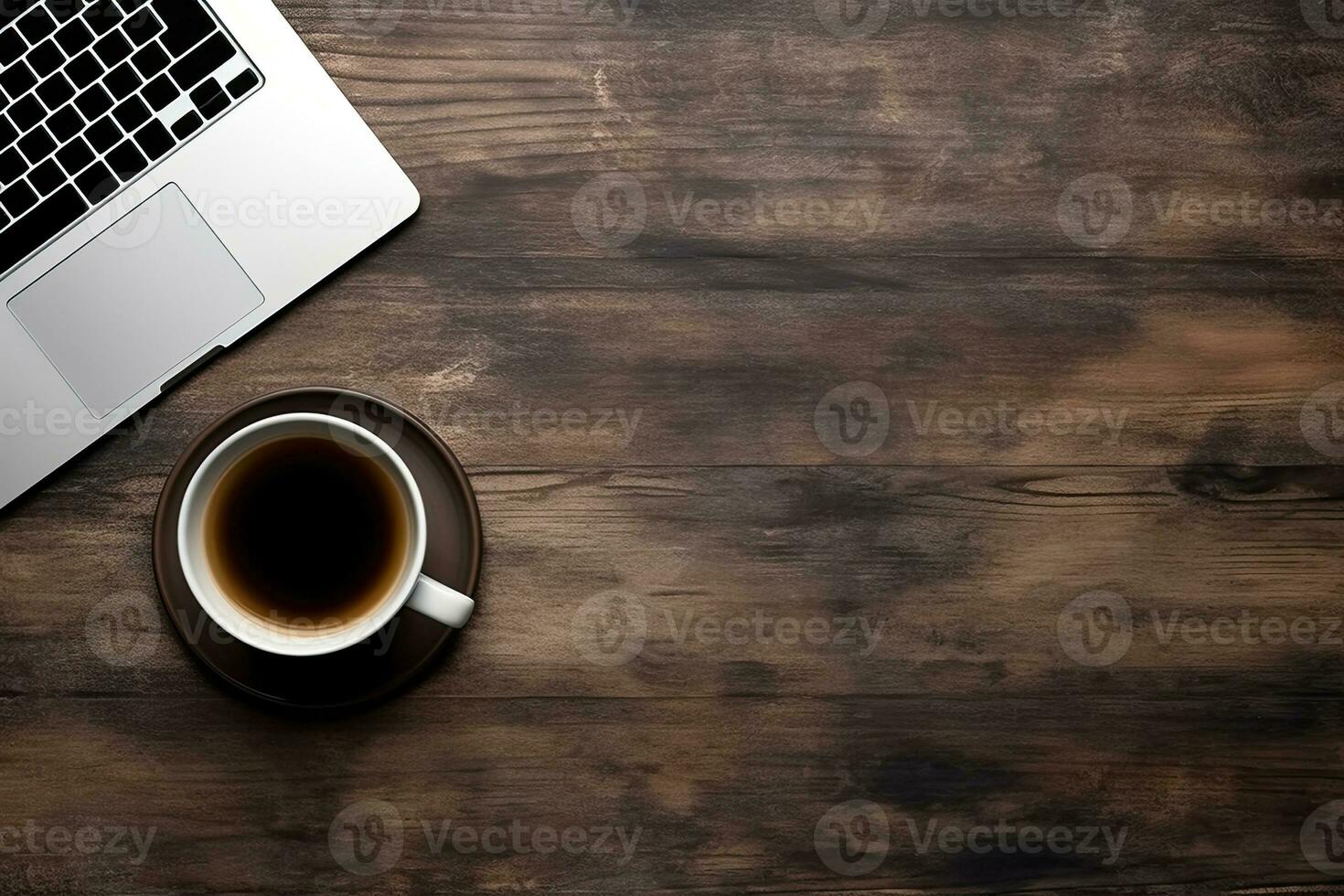 Laptop and coffee cup on black background. Top view with copy space. Generative AI photo