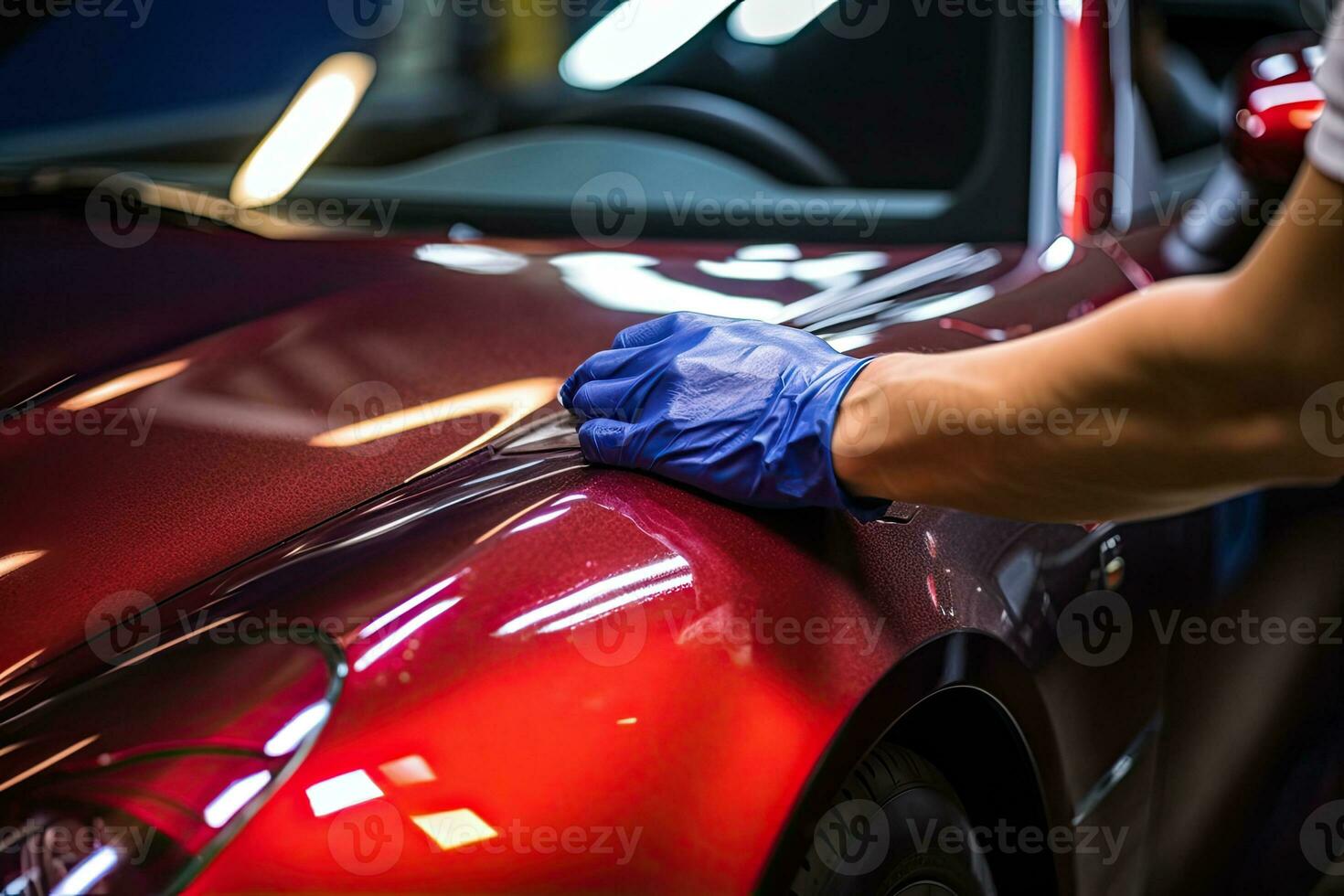 Close up of a auto body mechanic buffing a scratch on sports car