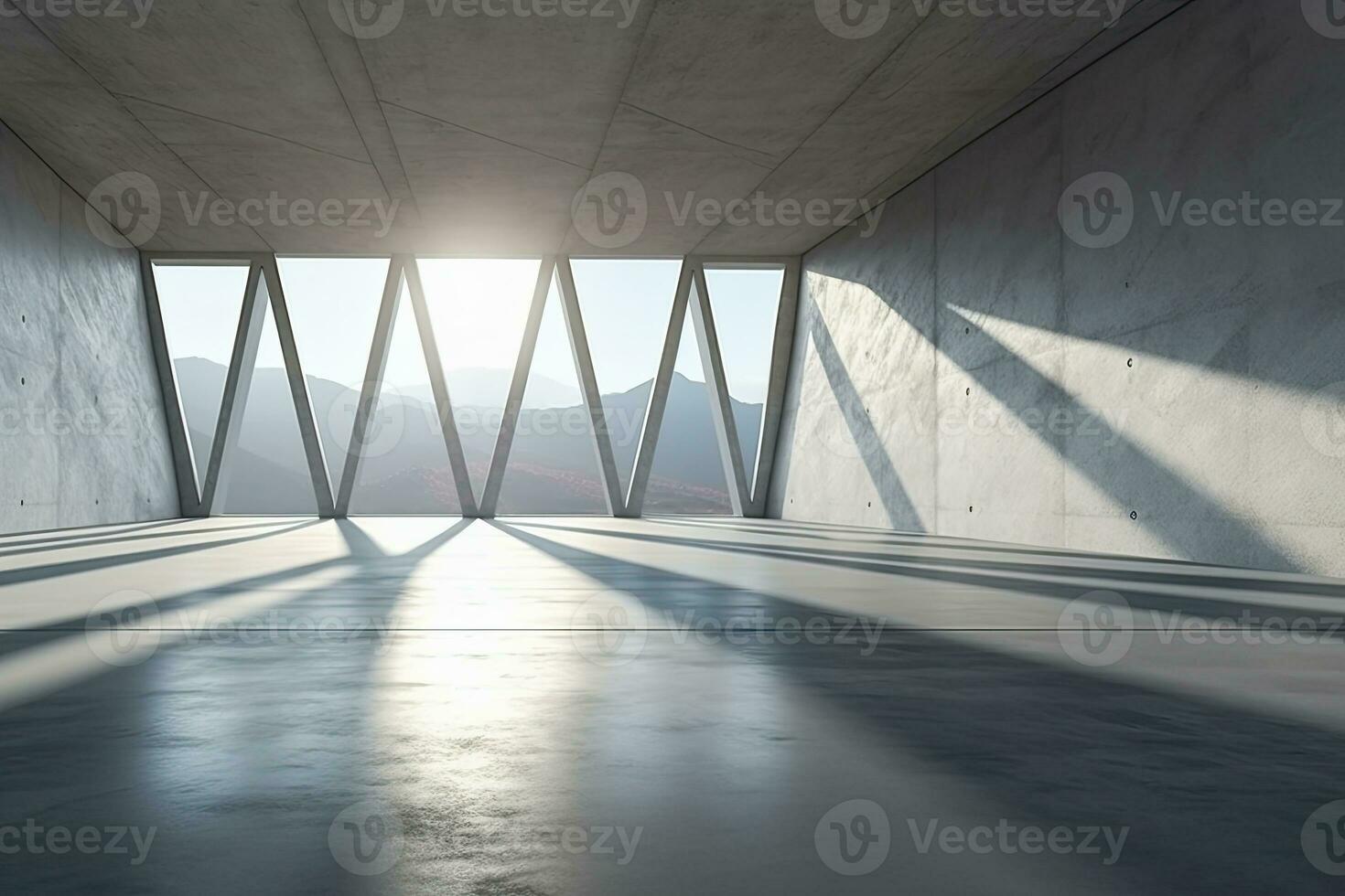 architecture empty room with window and mountain background with sunlight. Generative AI photo