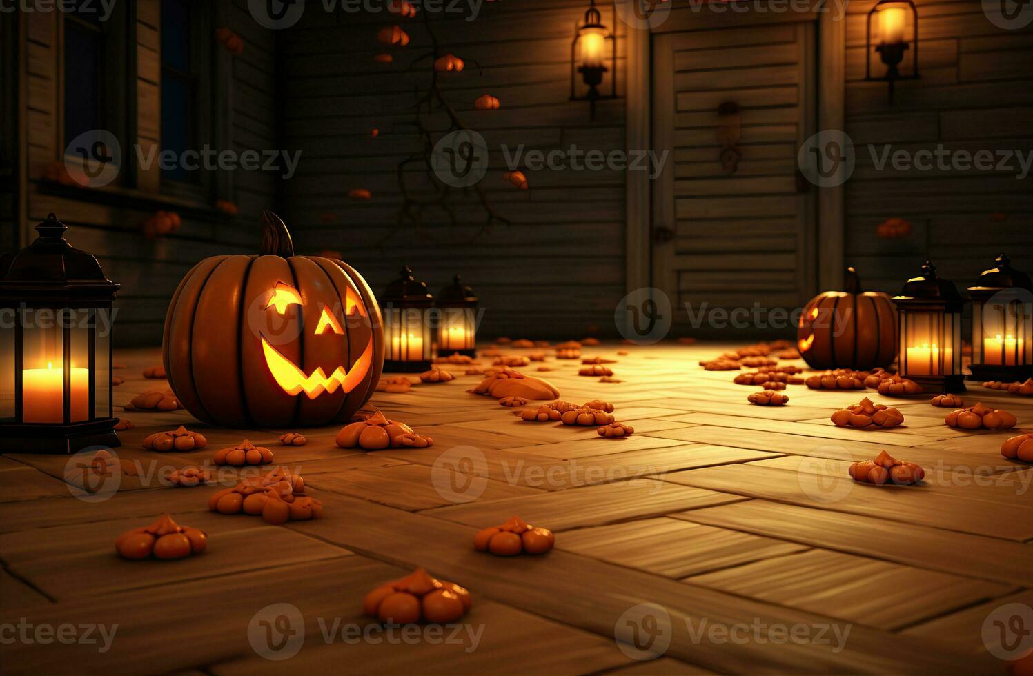 Dark interior of the house decorated for Halloween pumpkins. Created with Generative AI photo