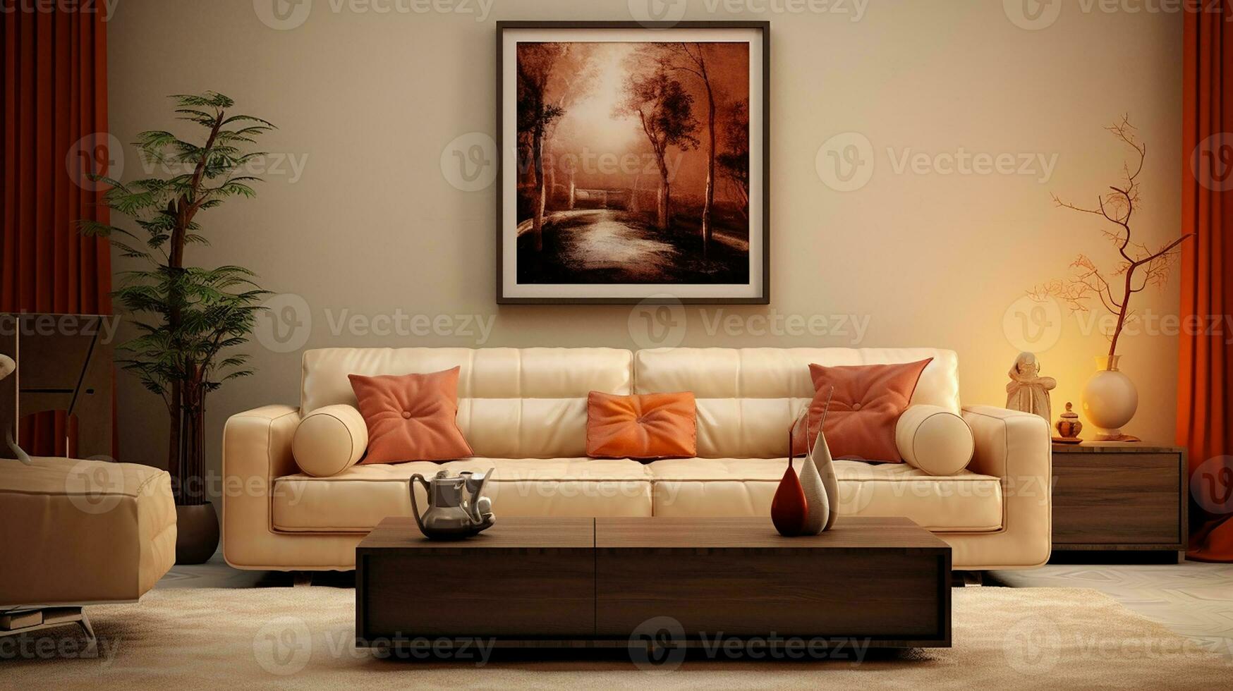 Modern living room with leather sofa and decoration in warm beige background. Luxury living room interior mockup illustration with empty space wall. Generative AI photo