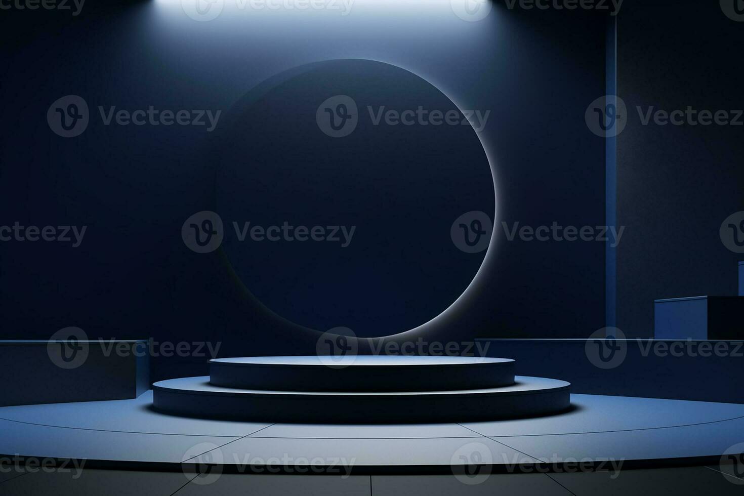 Podium in abstract dark blue room composition for product presentation. Generative AI photo