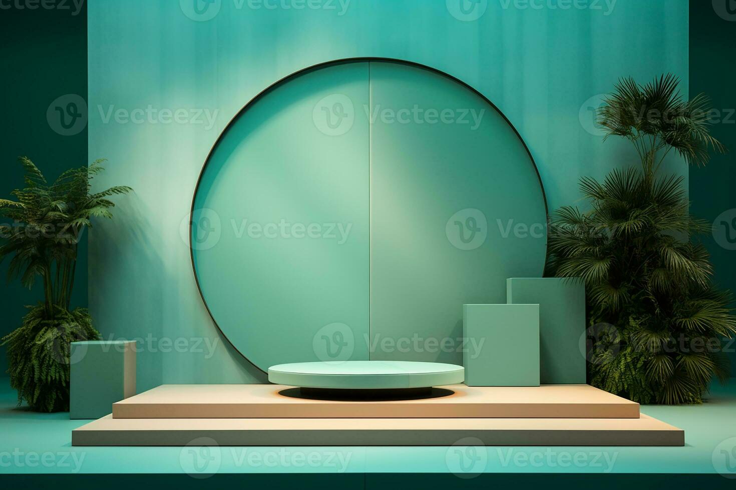 Podium in abstract tosca green room composition for product presentation. Generative AI photo