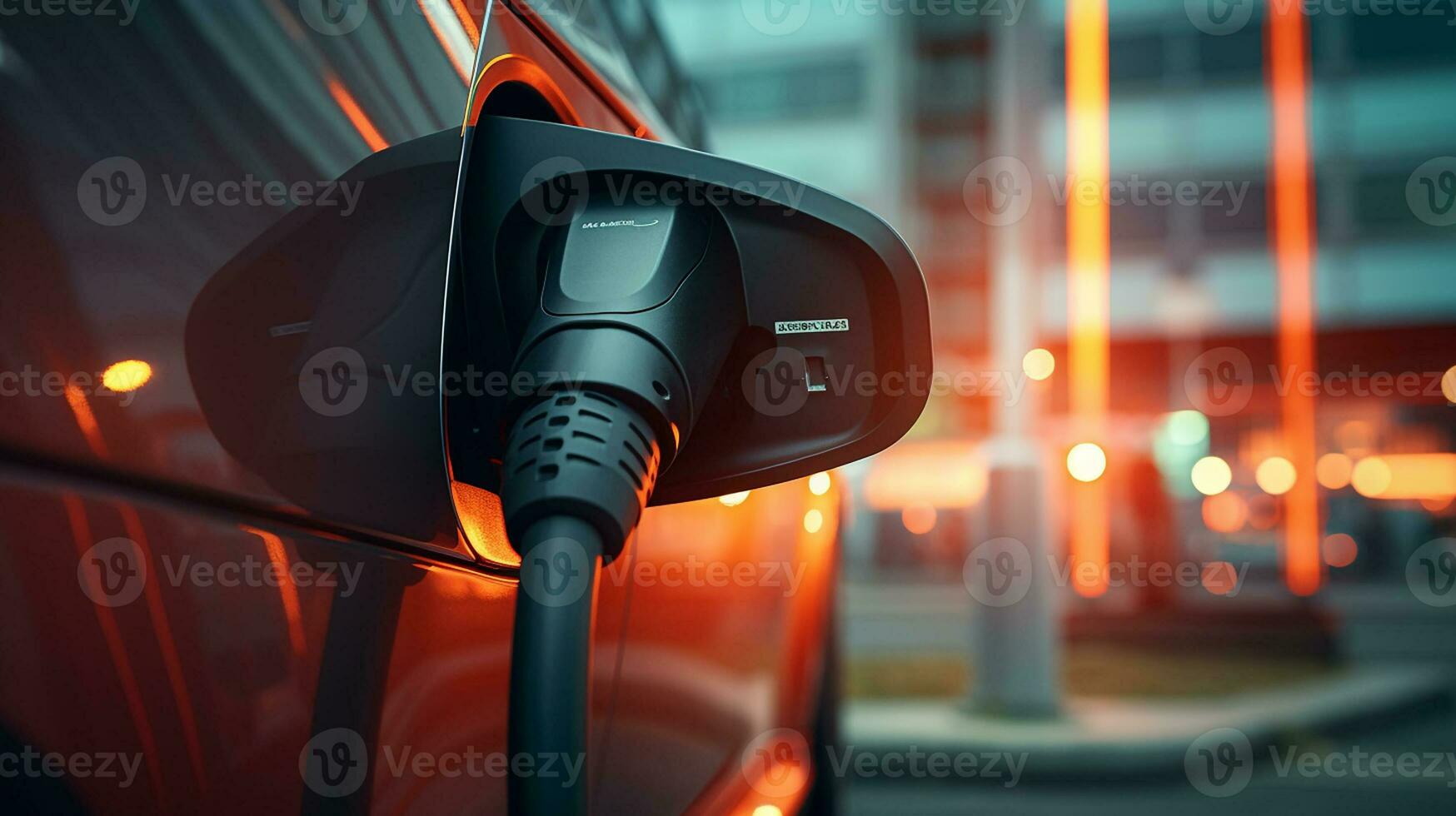 Close up view charger port of electrical vehicle. Electric car is being charged with a close up view of the connector attached to the vehicle. Generative AI photo