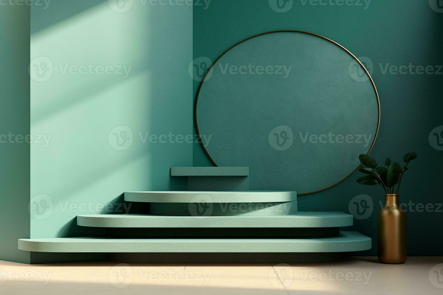 Podium in abstract tosca green room composition for product presentation. Generative AI photo