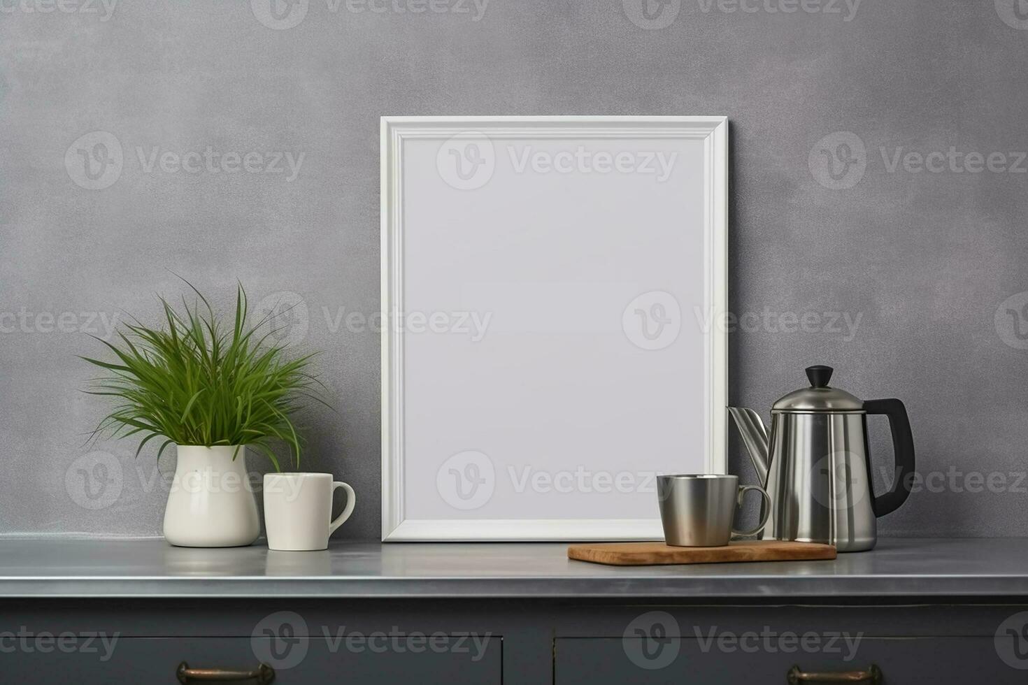 Mock up poster frame in kitchen interior on empty grey color wall background. Generative AI photo