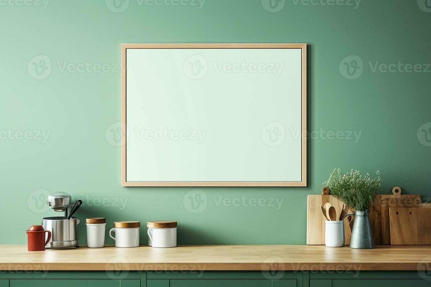 Mock up poster frame in kitchen interior on empty green color wall background. Generative AI photo