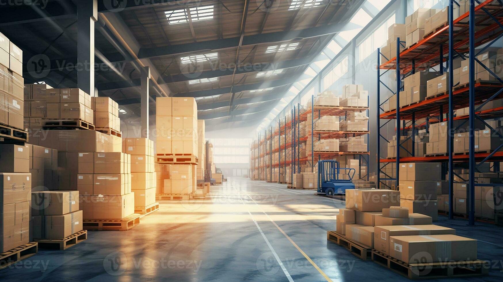 View angle in warehouse or industry building interior. Distribution center and retail warehouse. Part of storage and shipping system. Included box package, shelf, forklift. Generative AI photo