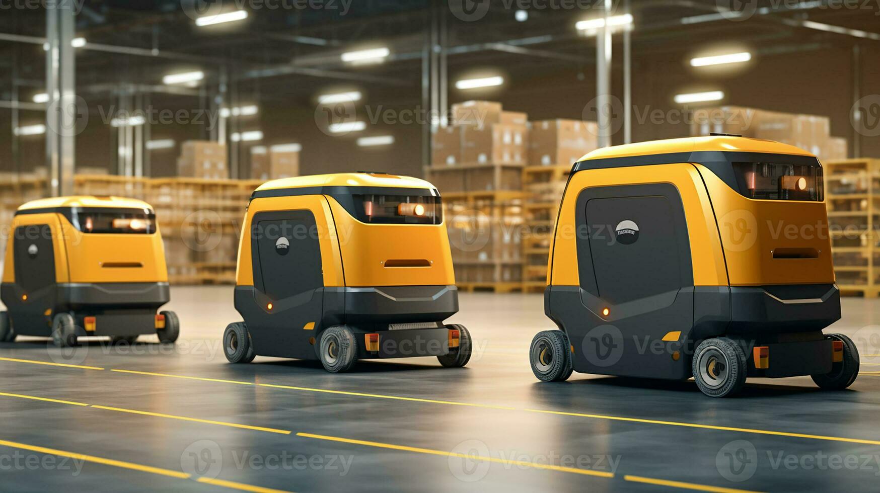 AGV Automated Guided Vehicle in warehouse logistic and transport. Empty space body vehicle for mockup. Generative AI photo
