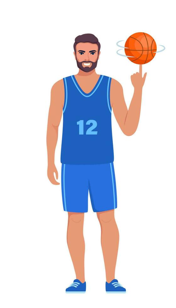 Happy man basketball player in uniform with ball isolated on white background. Vector illustration.