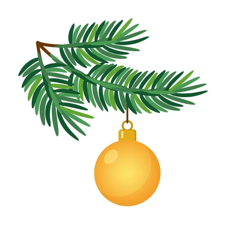 Christmas branch with hanging christmas ball. Modern bauble. Decoration for Christmas tree. Vector illustration.