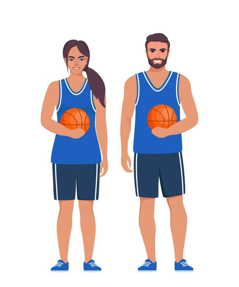 Happy basketball players couple in uniform with ball isolated on white background. Vector illustration.