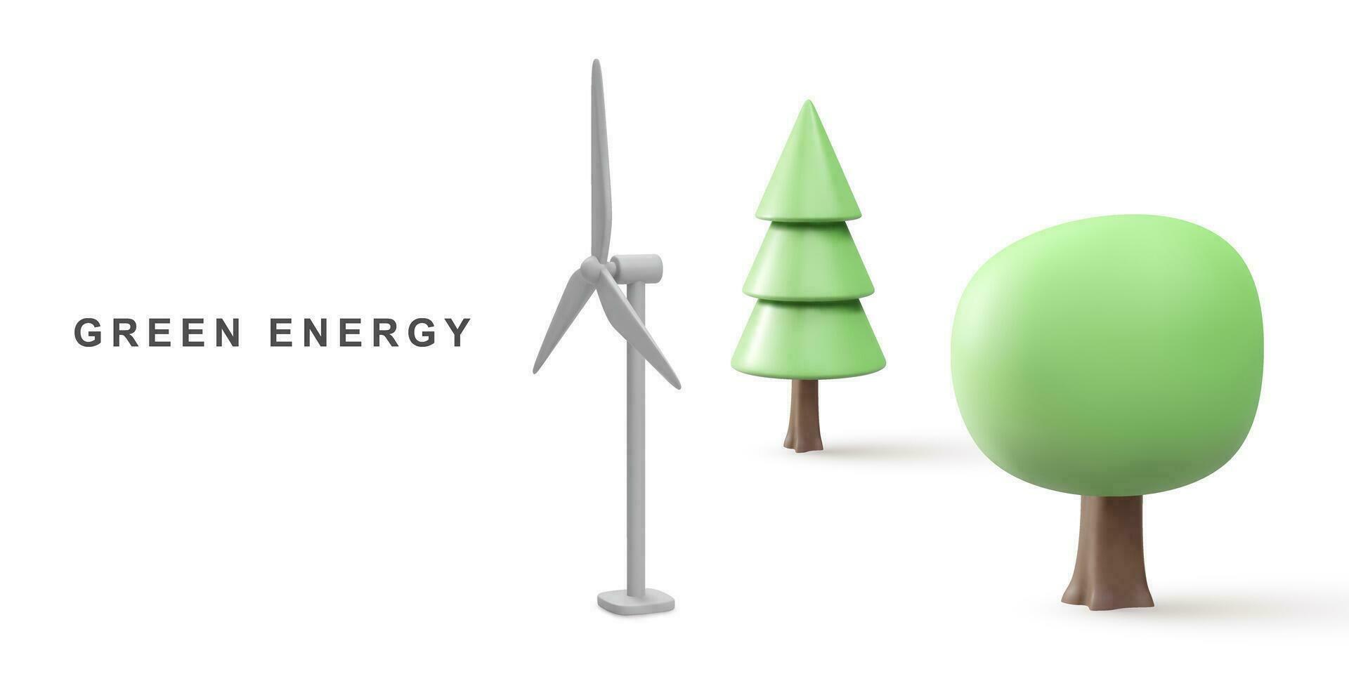 3d realistic Wind Turbines and trees. Green Energy. Clean Energy. Vector illustration.