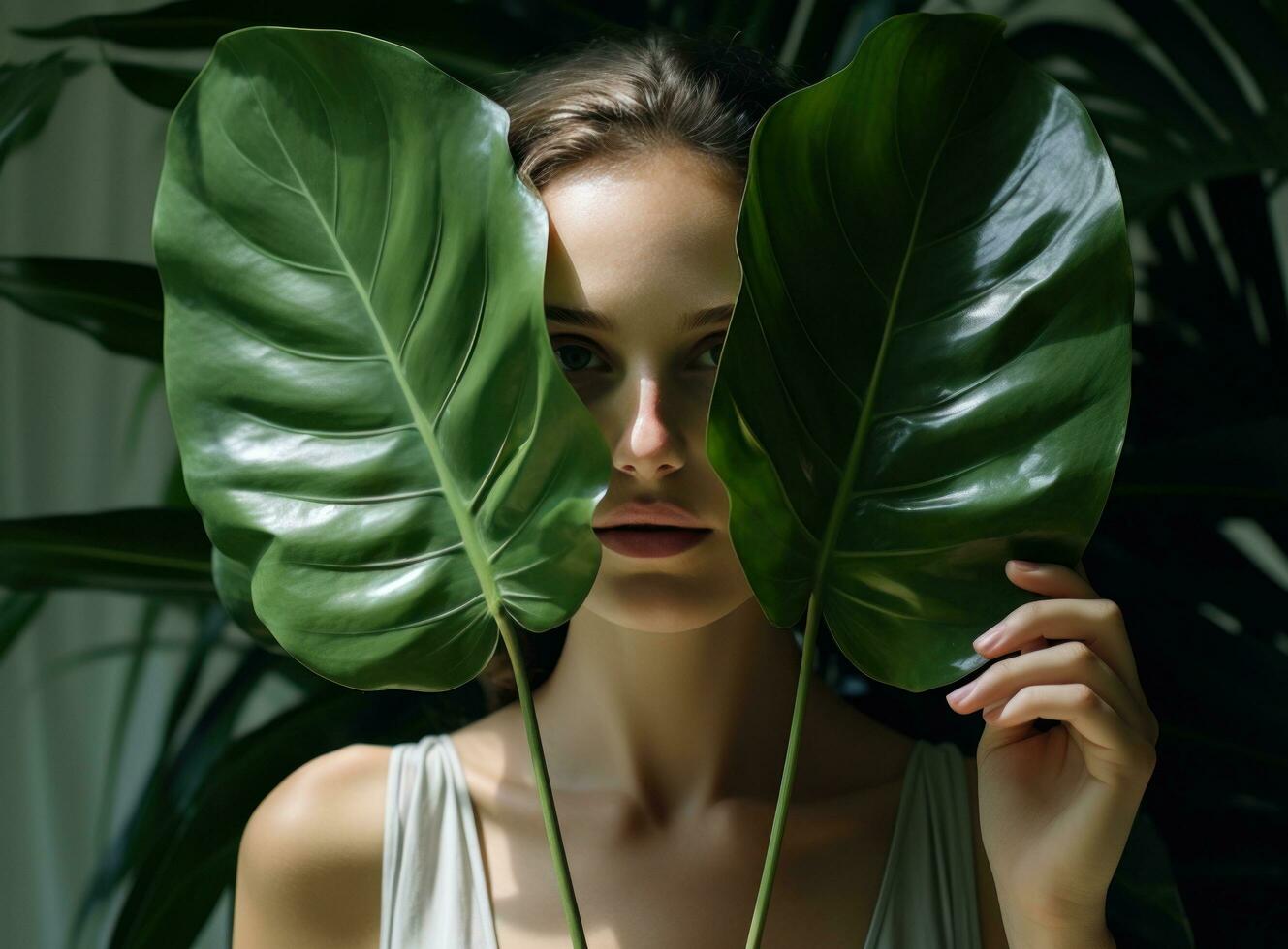 un joven mujer participación un grande hoja detrás su cabeza foto