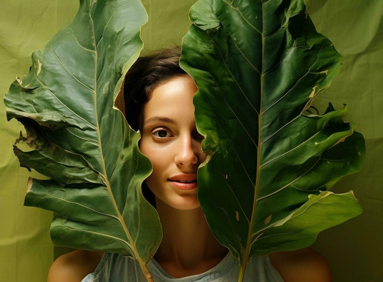 A young woman holding a large leaf behind her head photo