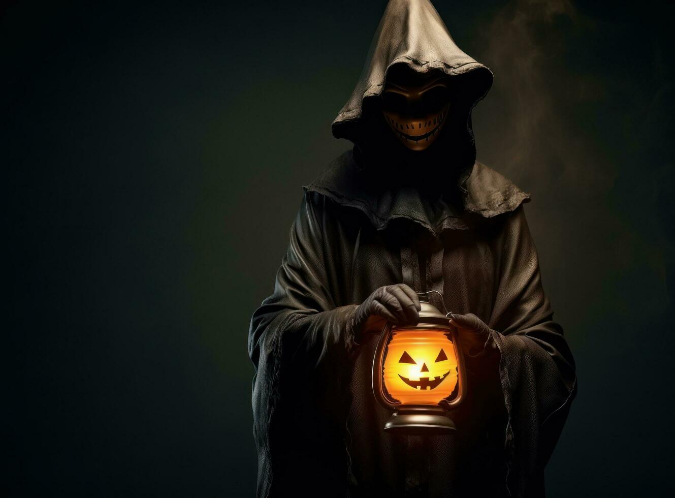 Witch with pumpkin lantern on dark background photo