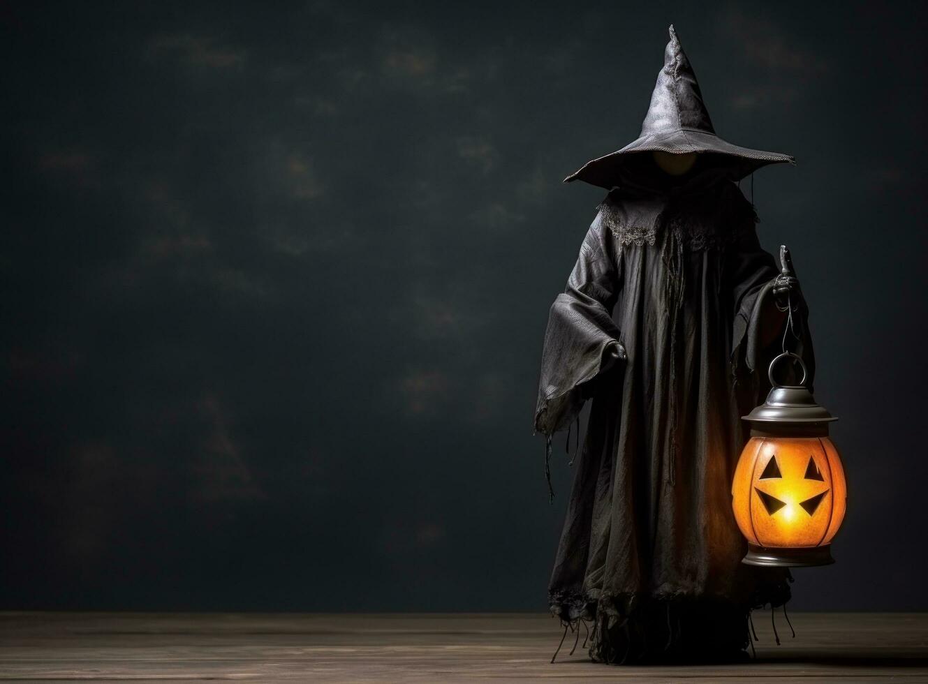 Witch with pumpkin lantern on dark background photo