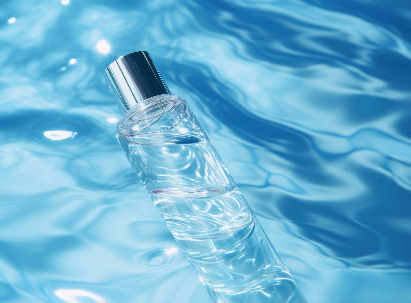 Clear bottle of moisturizer in blue water photo