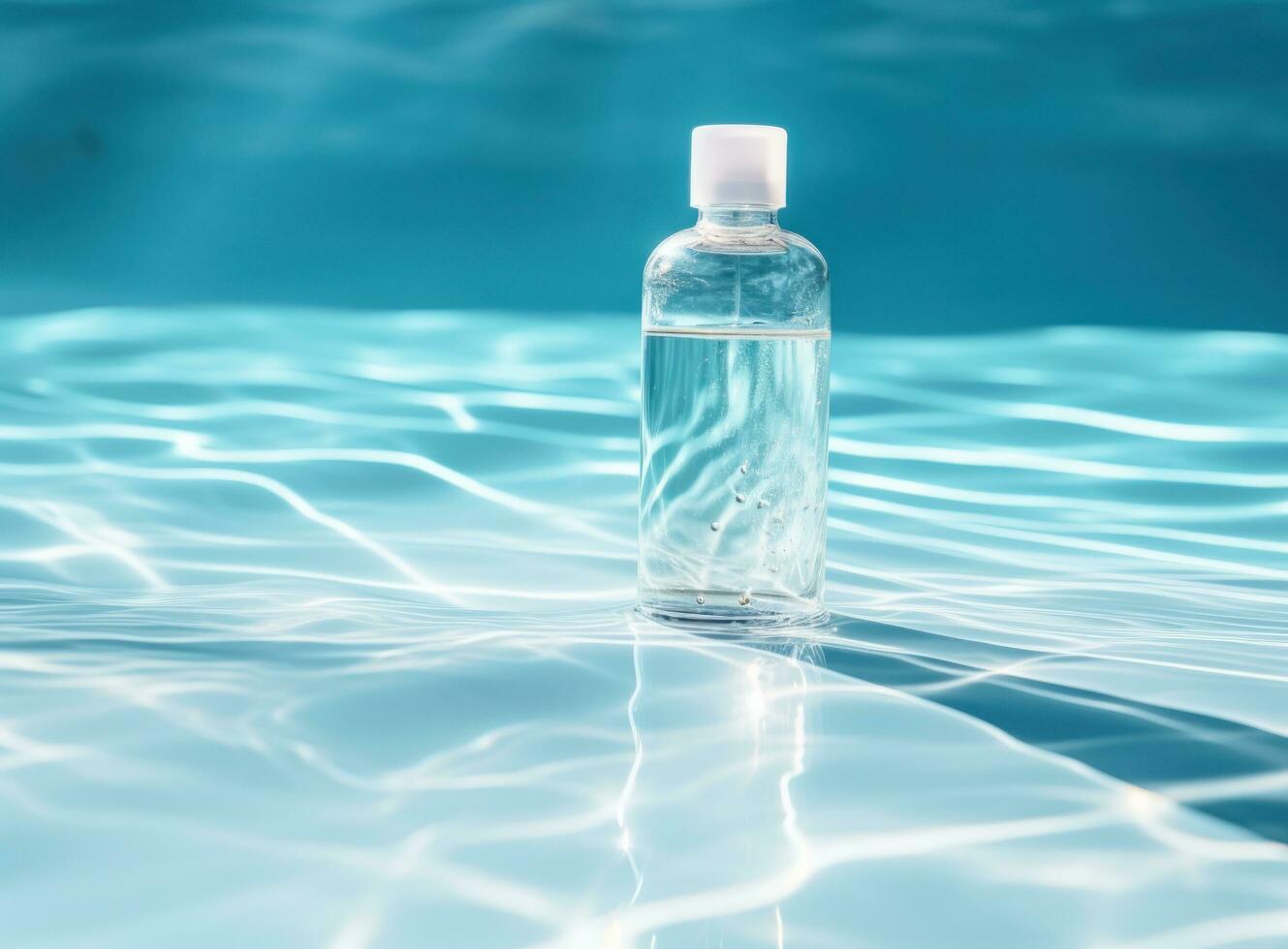 Clear bottle of moisturizer in blue water photo