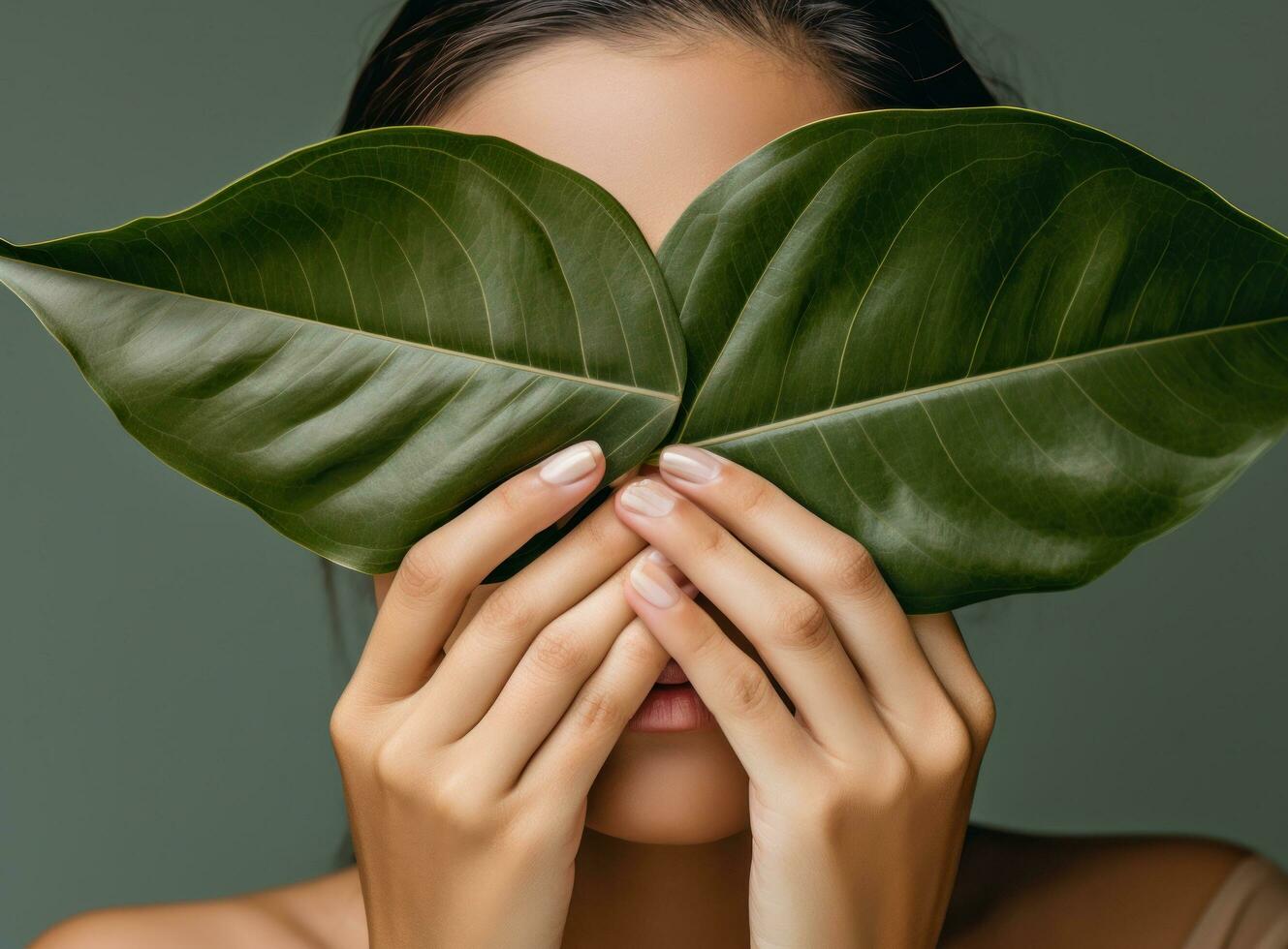 A young woman holding a large leaf behind her head photo