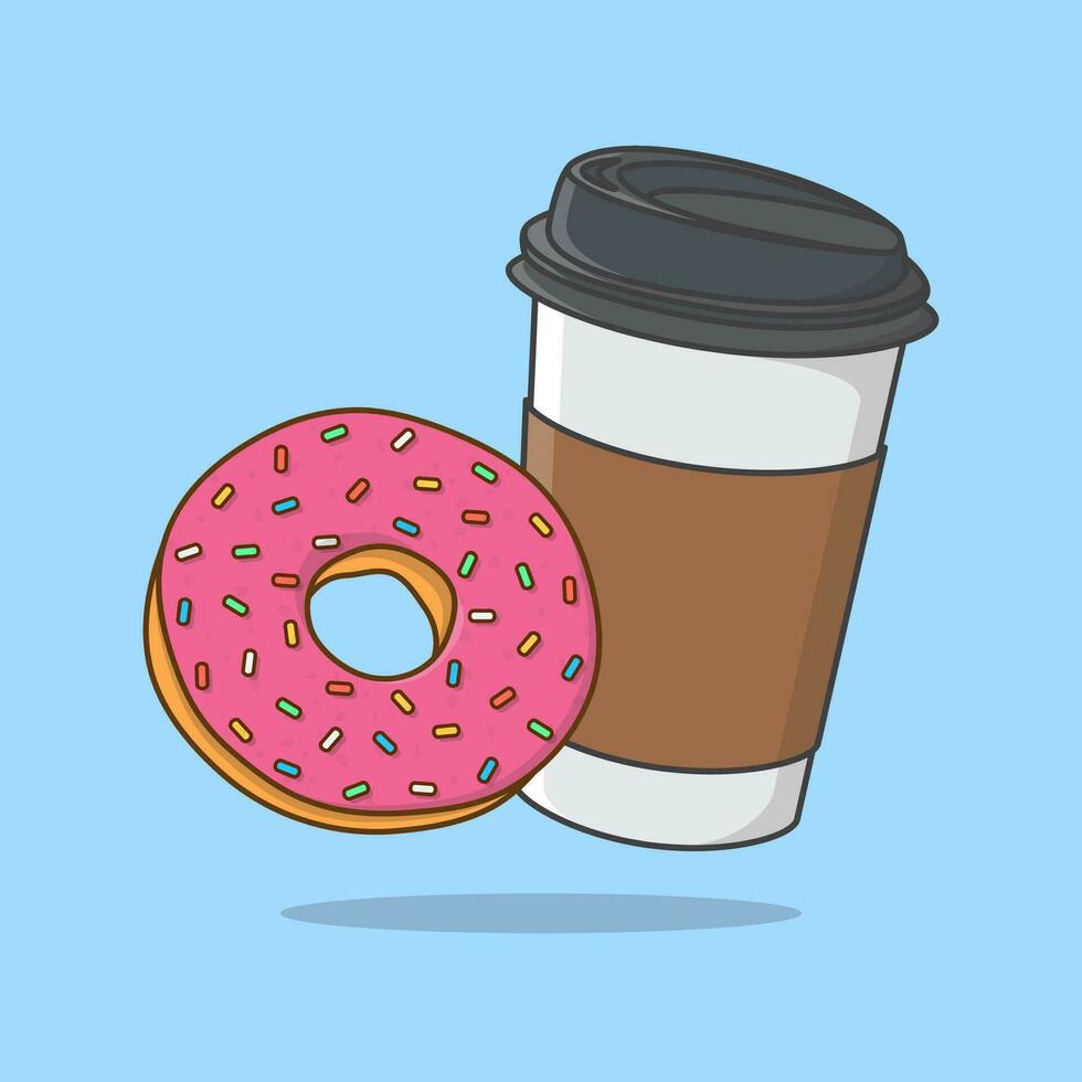 Donuts And Coffee Cup Cartoon Vector Illustration. Disposable Coffee Cup And Donut Flat Icon Outline