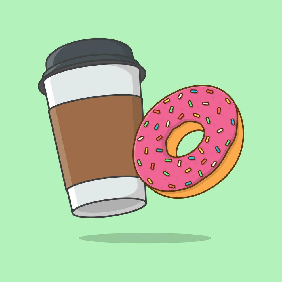 Donuts And Disposable Coffee Cup Cartoon Vector Illustration. Coffee Cup And Donut Flat Icon Outline