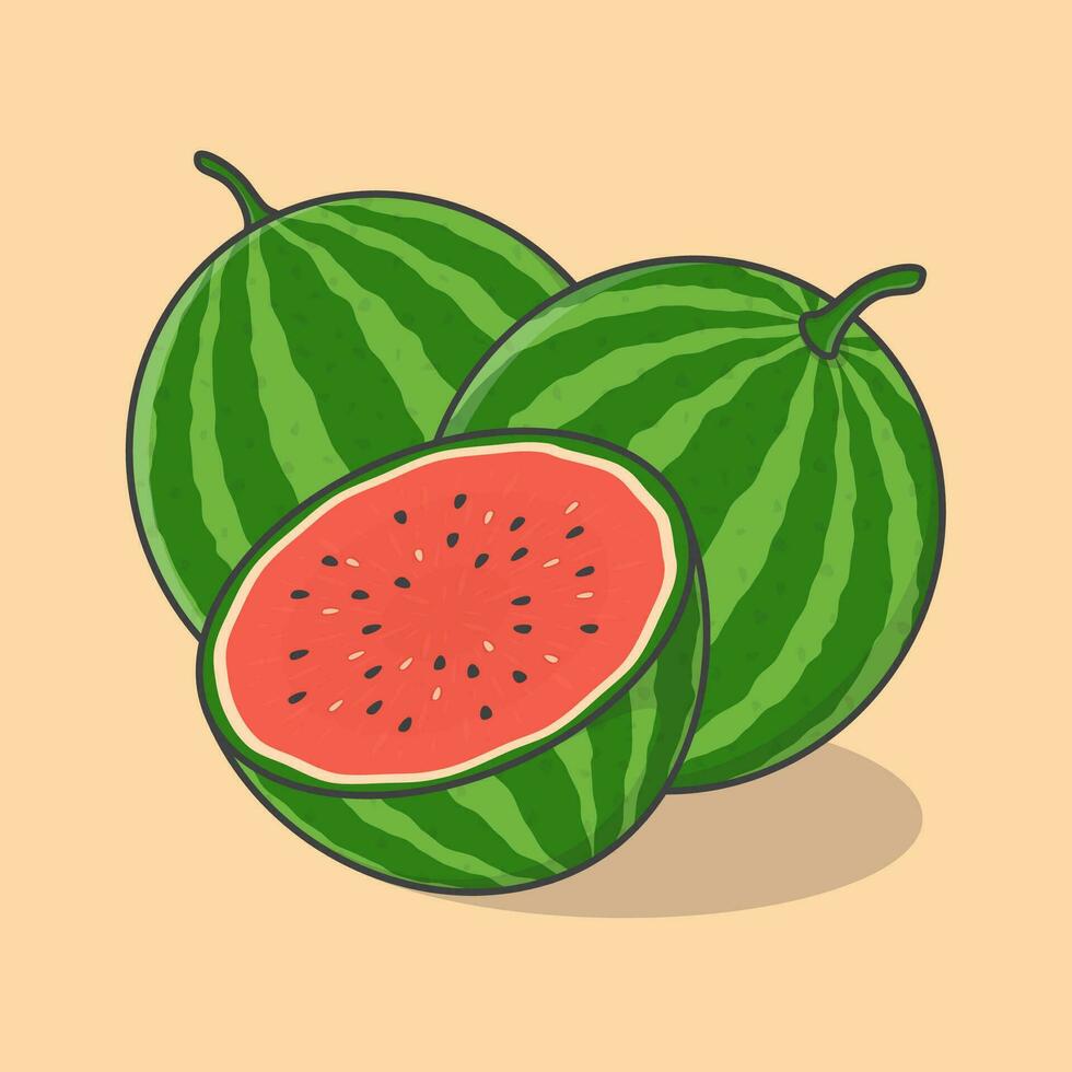 Fresco sandía Fruta dibujos animados vector ilustración. rebanada y todo de sandía plano icono contorno