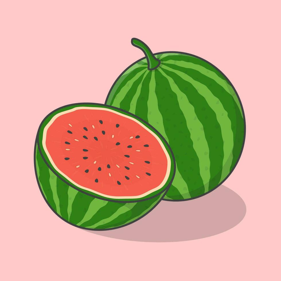 Slice And Whole Of Watermelon Cartoon Vector Illustration. Fresh Watermelon Fruit Flat Icon Outline