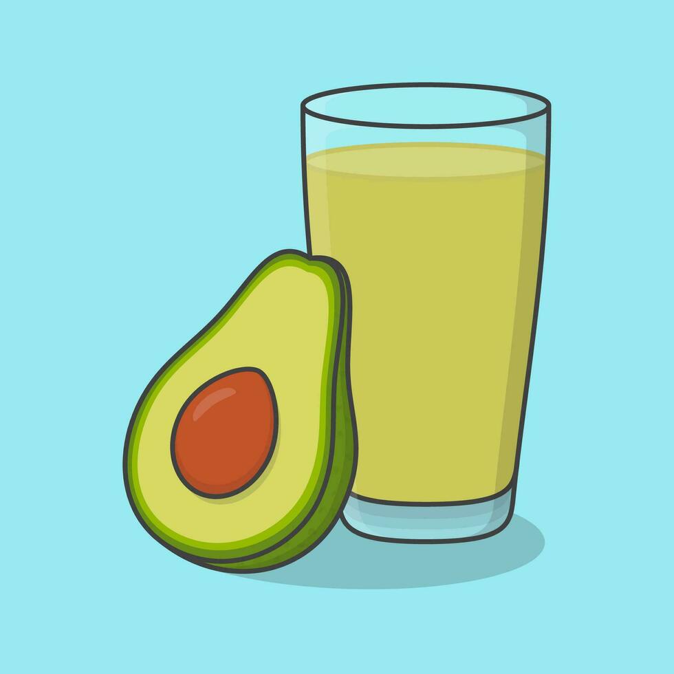 Fresco aguacate jugo con Fruta en vaso dibujos animados vector ilustración. aguacate jugo plano icono contorno