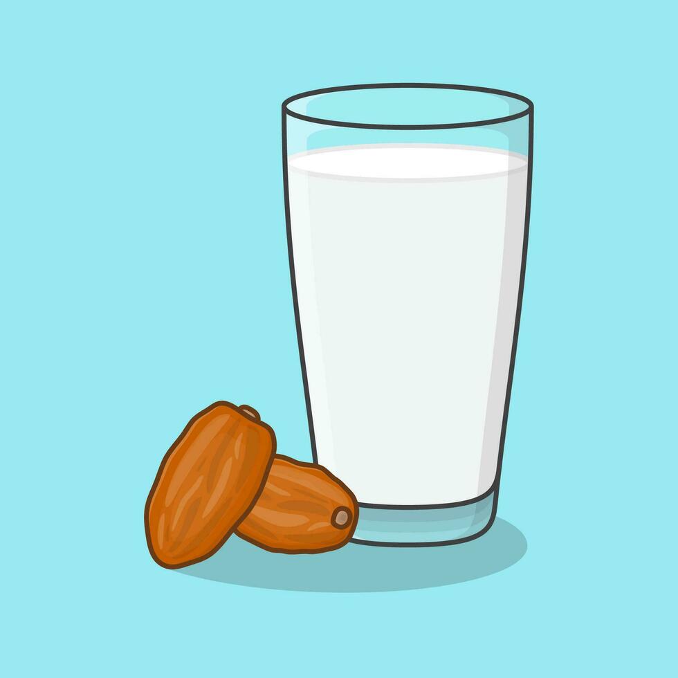 Dates Fruit With Milk Cartoon Vector Illustration. Dates Fruit Food For Iftar In Ramadan Flat Icon Outline