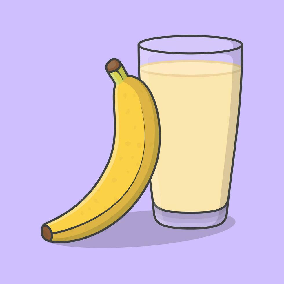 Fresh Banana Juice With Fruit In Glass Cartoon Vector Illustration. Banana Juice Flat Icon Outline