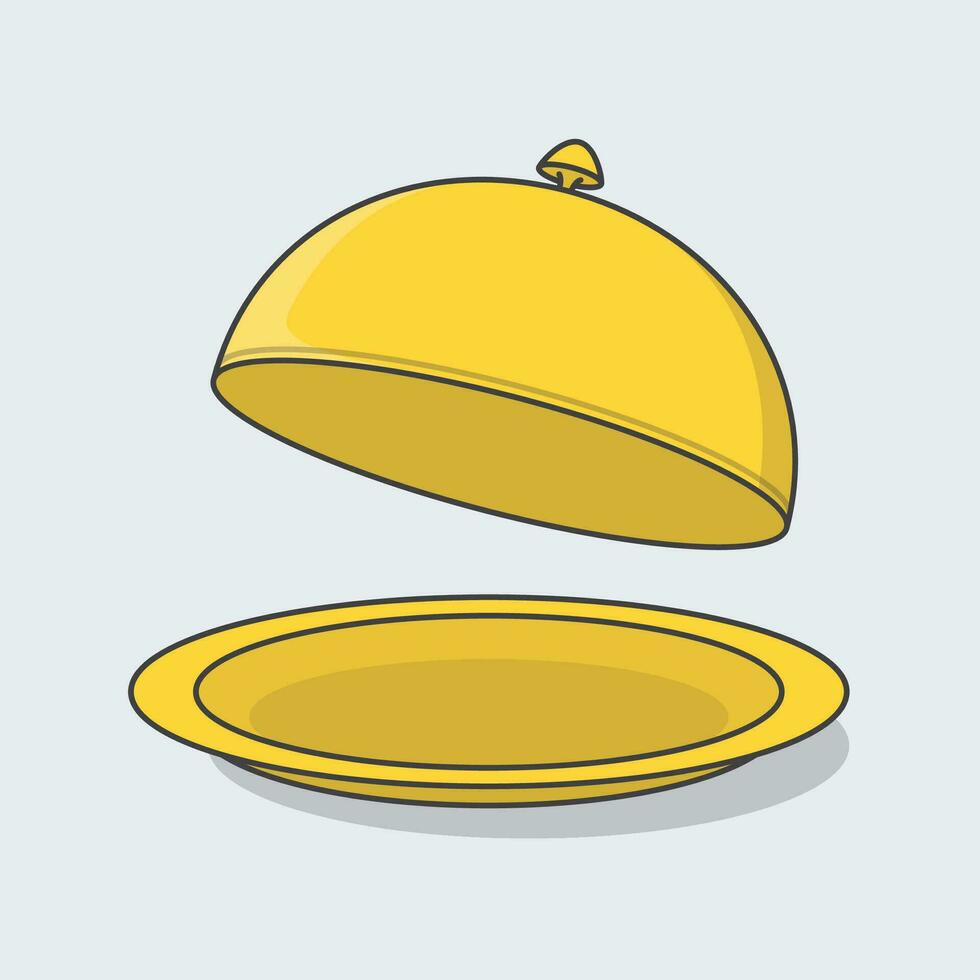 Trays With Cloche Cartoon Vector Illustration. Golden Restaurant Cloche Flat Icon Outline