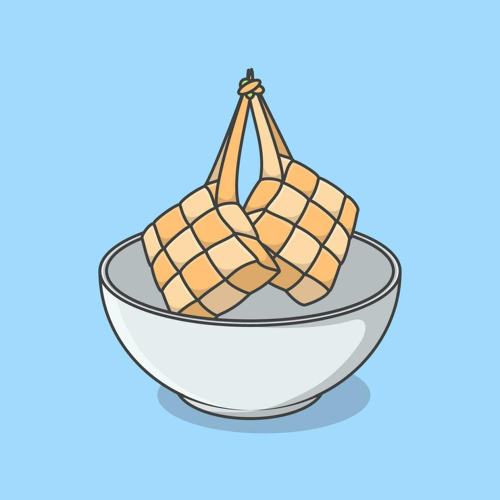 Ketupat In Bowl Cartoon Vector Illustration. Eid Al Fitr Ketupat Rice Food Flat Icon Outline