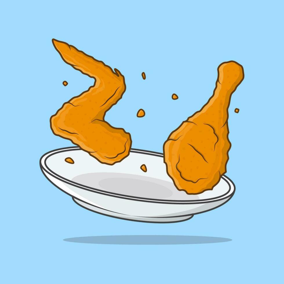 Fried Chicken Crispy On A Plate Cartoon Vector Illustration. Fried Chicken Food Flat Icon Outline