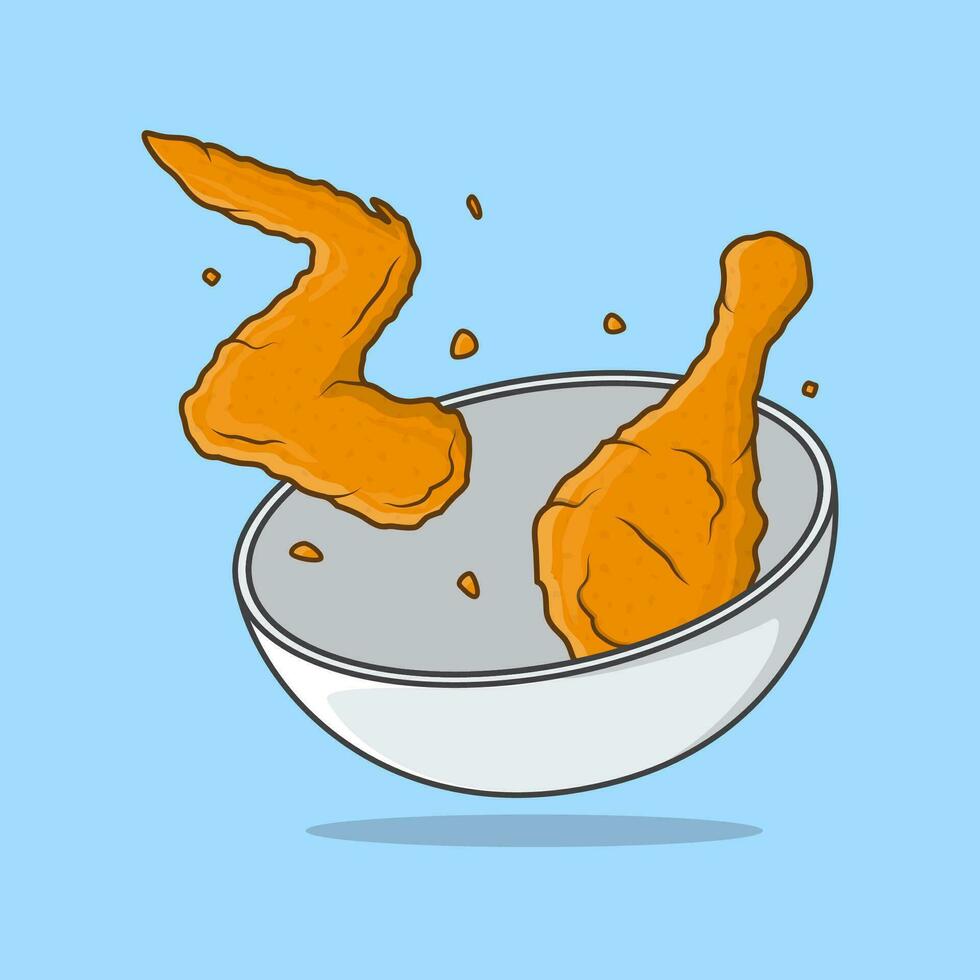 frito pollo crujiente en blanco cuenco dibujos animados vector ilustración. frito pollo plano icono contorno