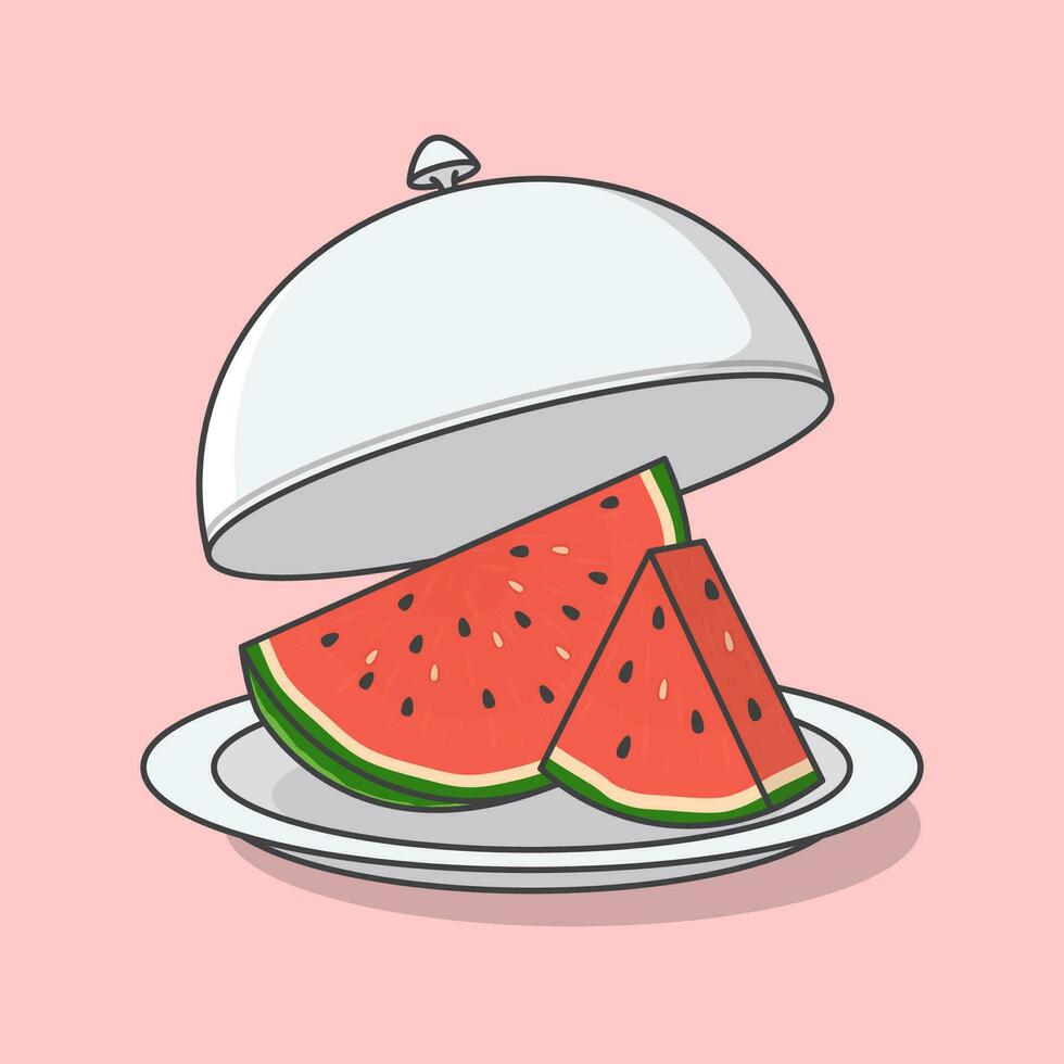 Opened Restaurant Cloche With Watermelon Cartoon Vector Illustration. Fresh Watermelon Fruit Flat Icon Outline