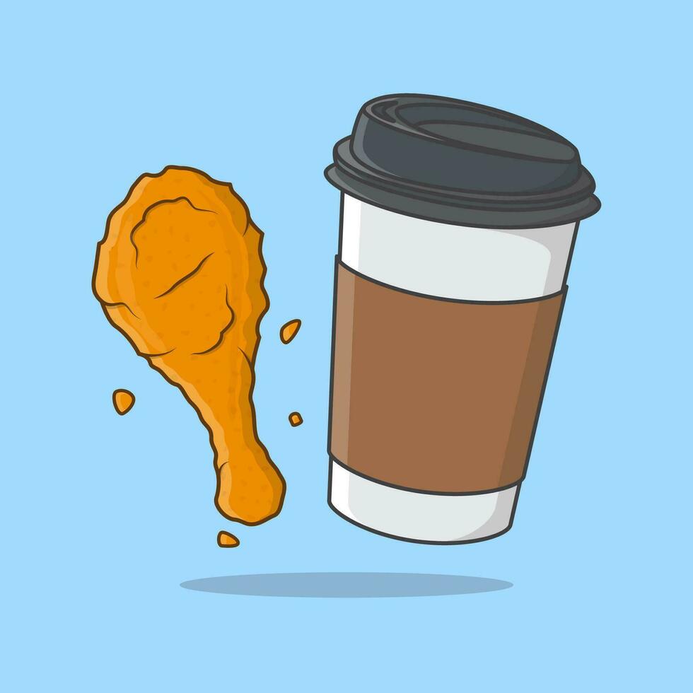 Fried Chicken And Coffee Cup Cartoon Vector Illustration. Disposable Coffee Cup And Fried Chicken Flat Icon Outline