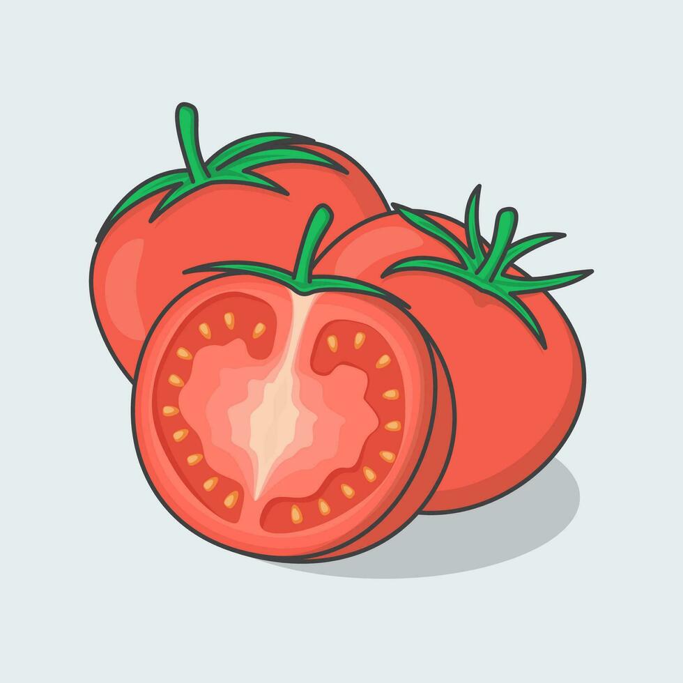 Slice And Whole Of Tomato Cartoon Vector Illustration. Red Tomatoes Flat Icon Outline