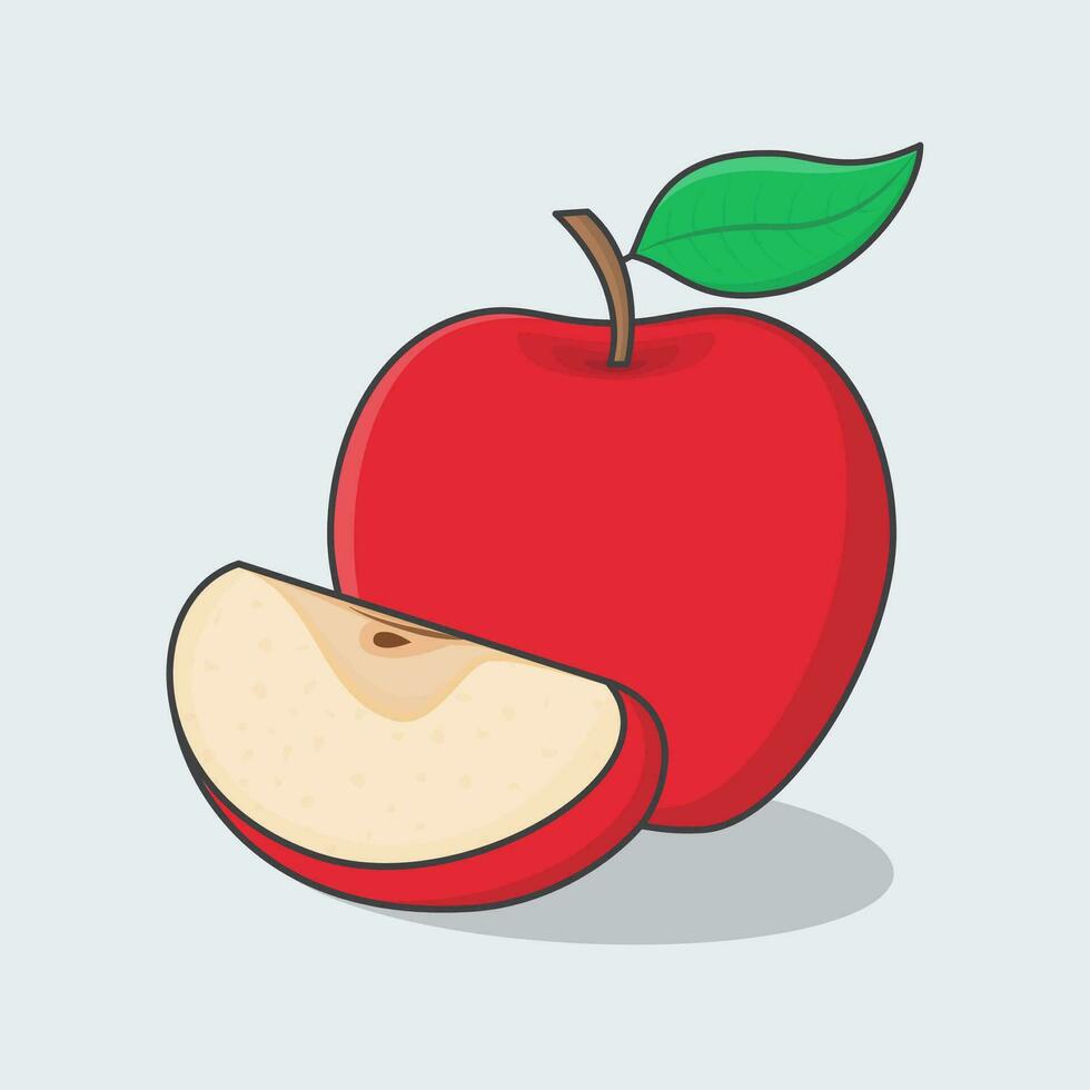 Fresh Apple Fruit Cartoon Vector Illustration. Slice And Whole Of Apple Flat Icon Outline