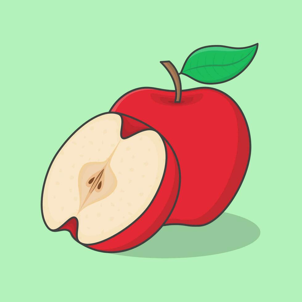 Slice And Whole Of Apple Cartoon Vector Illustration. Fresh Apple Fruit Flat Icon Outline