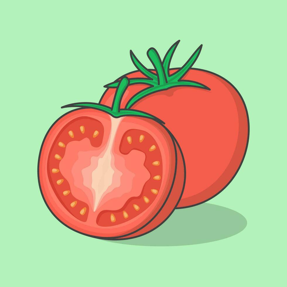 Slice And Whole Of Tomato Cartoon Vector Illustration. Fresh Red Tomatoes Flat Icon Outline