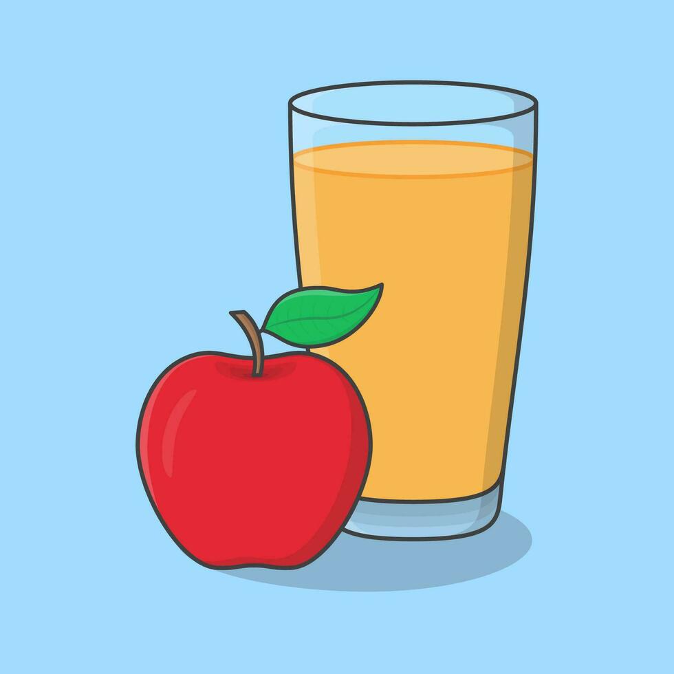 manzana jugo con Fruta en vaso dibujos animados vector ilustración. Fresco manzana jugo plano icono contorno