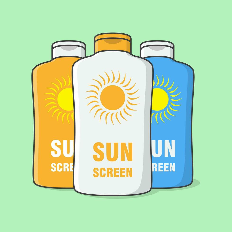 Sunscreen Cream Bottle Cartoon Vector Illustration. Sun Protection Cosmetic Product Flat Icon Outline. Sunblock Lotions Or Skincare