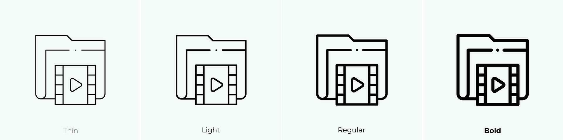 video folder icon. Thin, Light, Regular And Bold style design isolated on white background vector