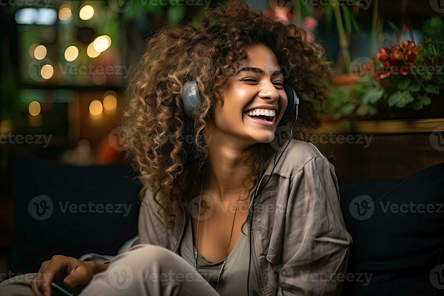 Young woman in headphones listening to music at home. Girl sitting on sofa. Generative AI photo