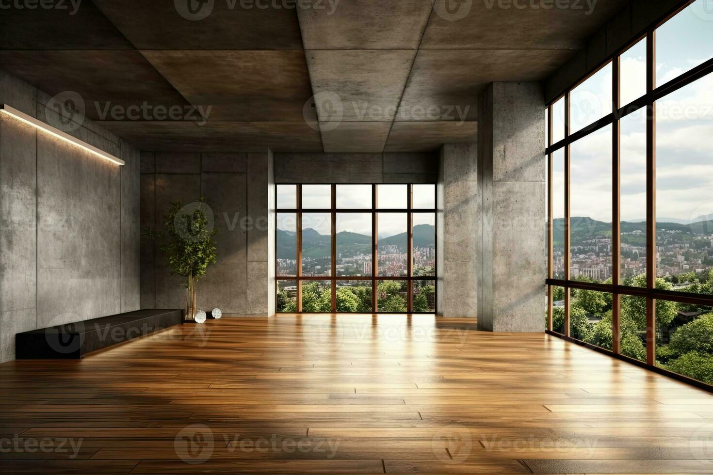 Empty room with panoramic window and mountain view. Generative AI photo