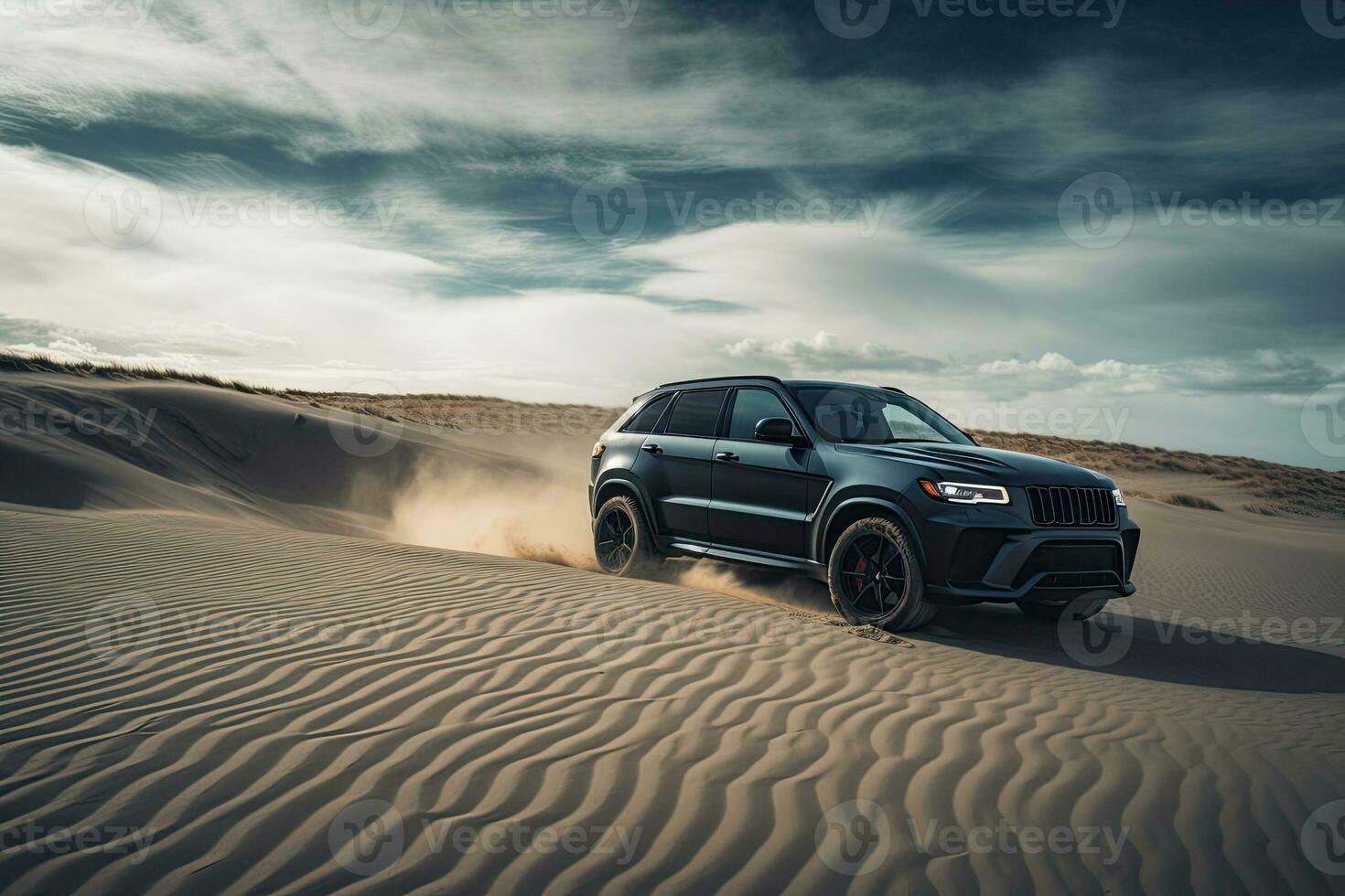 luxury car on sand dunes. Generative AI photo