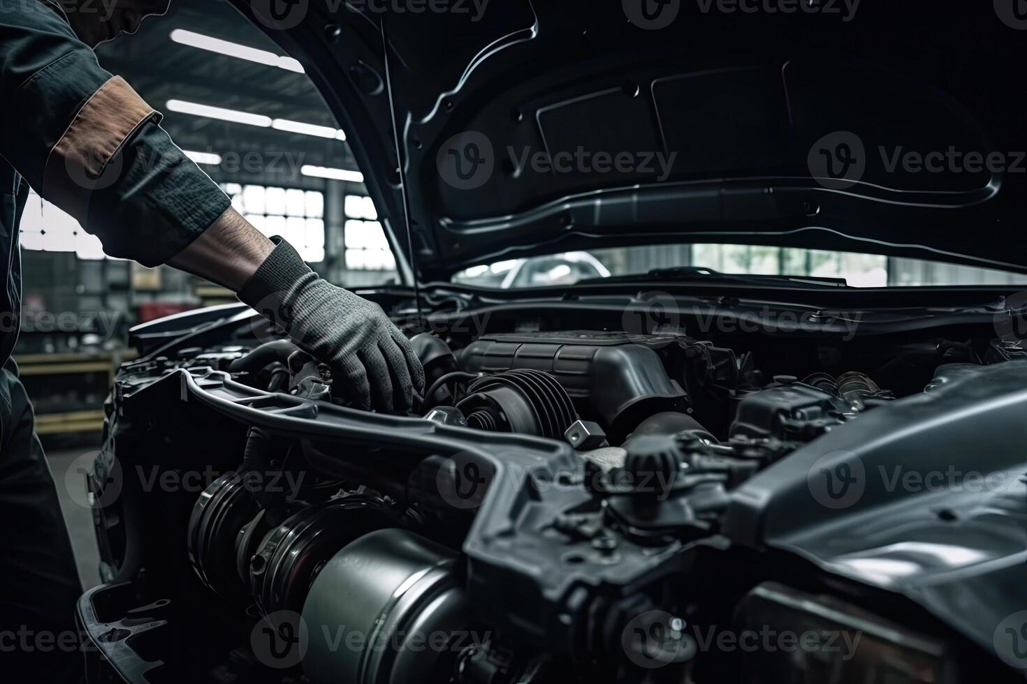 Professional mechanic working in auto repair shop. Car service and maintenance concept. photo